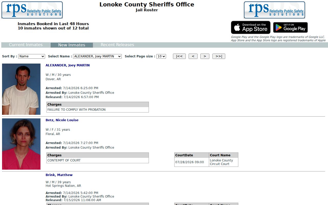 Lonoke County RPS inmates booked in the last 48 hours interface