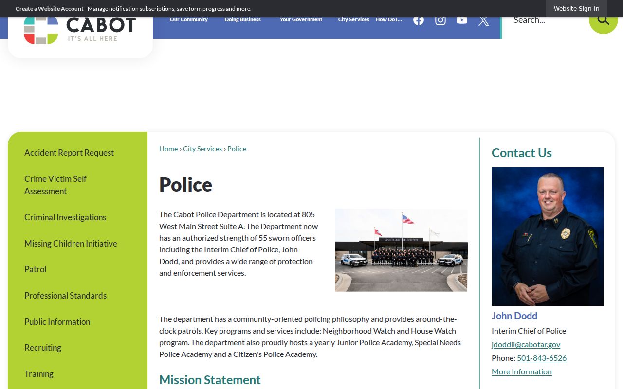 Cabot criminal history police department contact page