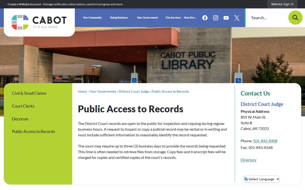 Cabot District Court public access page