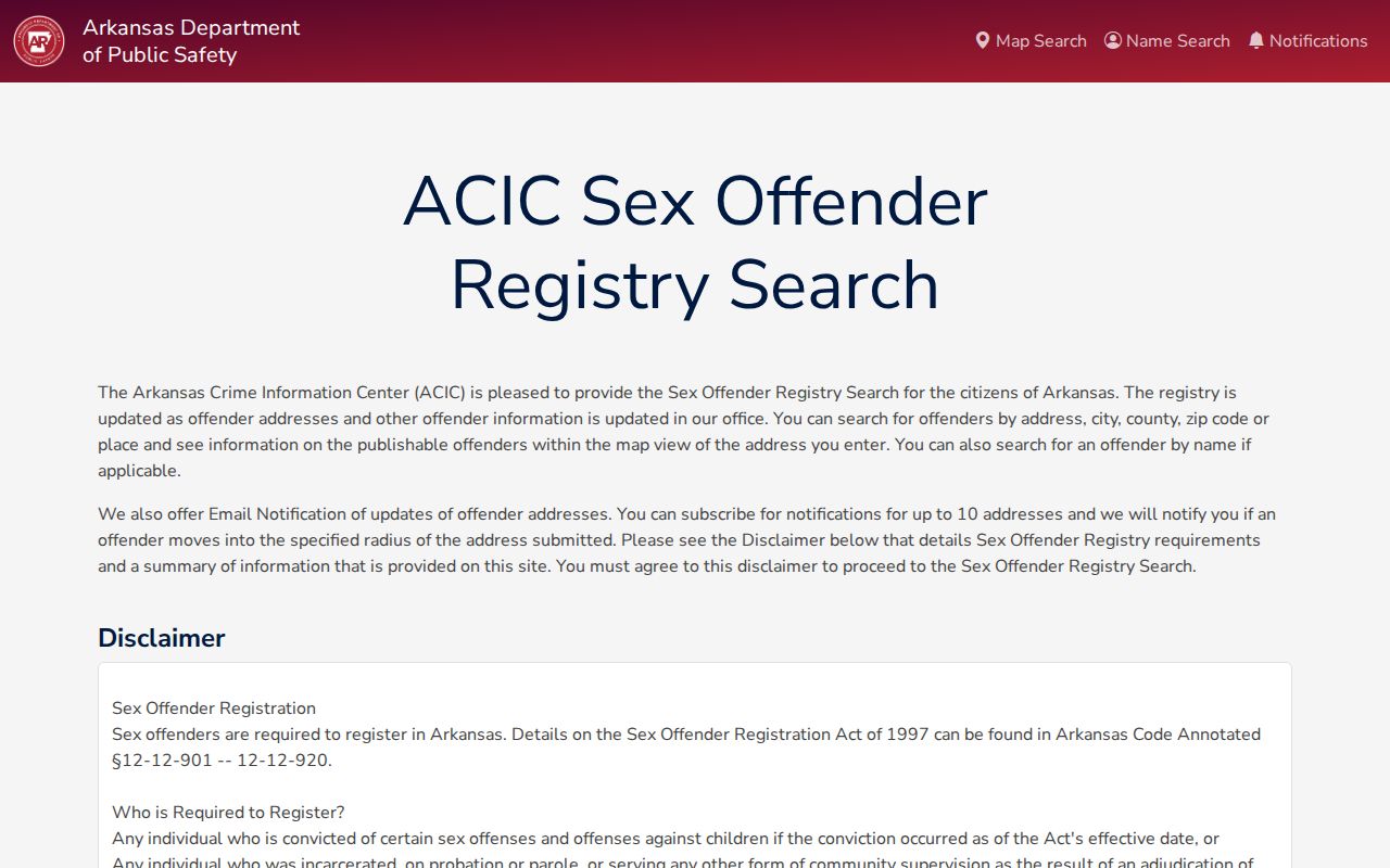Arkansas Sex Offender Notification System map and search interface